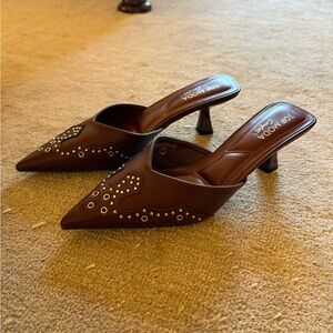TOP Moda Brown Pointed Studded Mule Heels